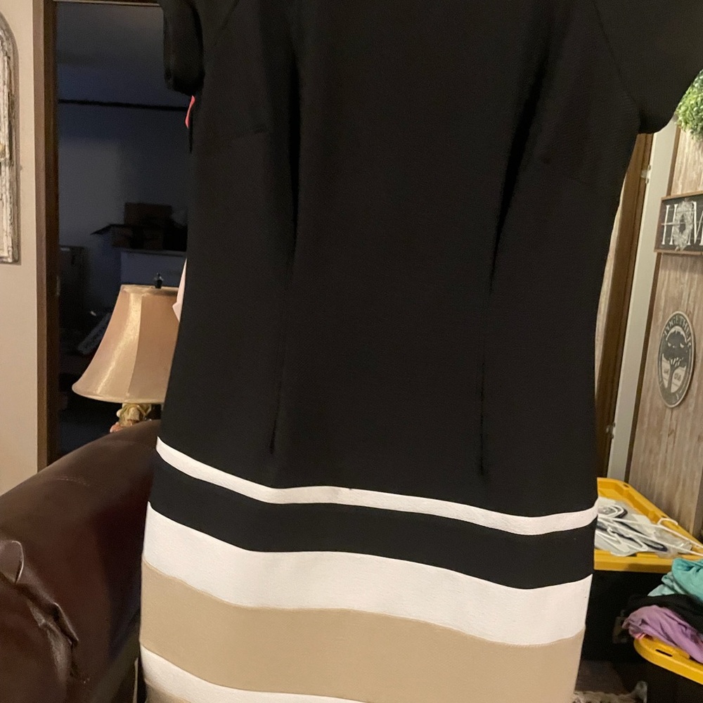 Studio One Black Dress with White and Tan Stripes